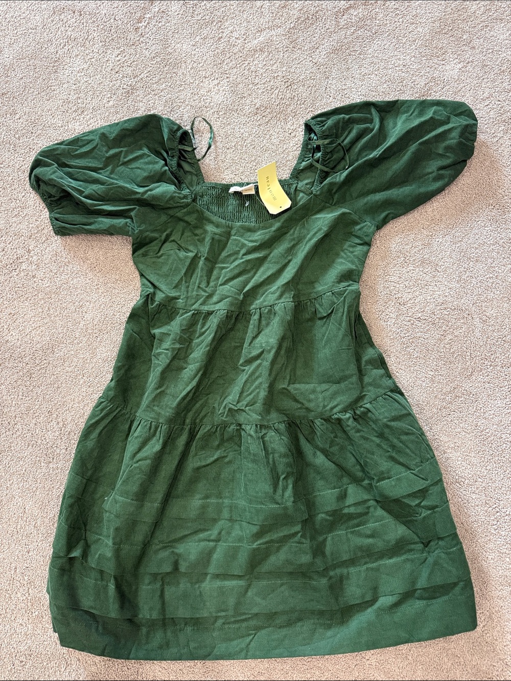 Monteau Dark Green Puff Sleeve Tiered Mini Dress